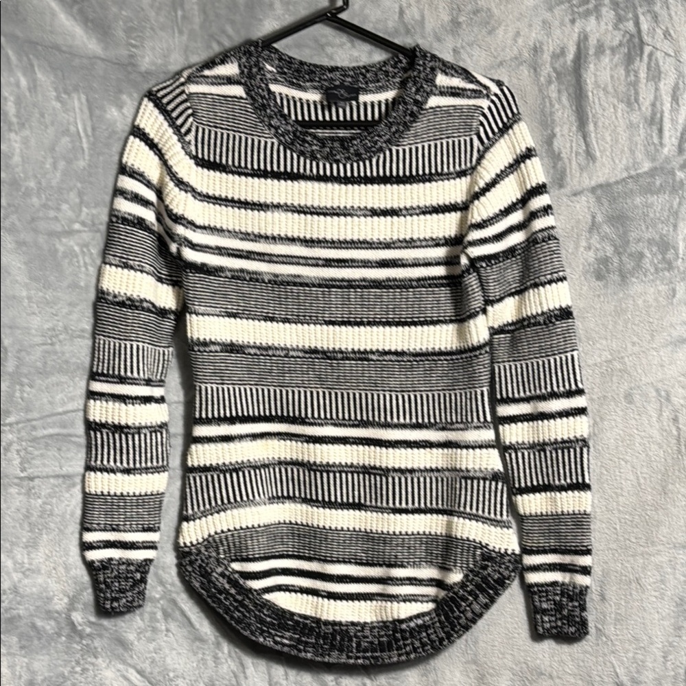Striped Black White Sweater women xs market spruce oversized textured curved hem